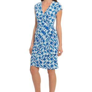 Maggie London Women’s Knee Length Wrap Dress Size 8 Business Attire Blue & White
